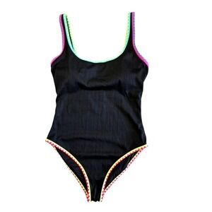 Popvil‎ Women Black Ribbed One Piece Swimsuit Neon Trim Size XL NWT